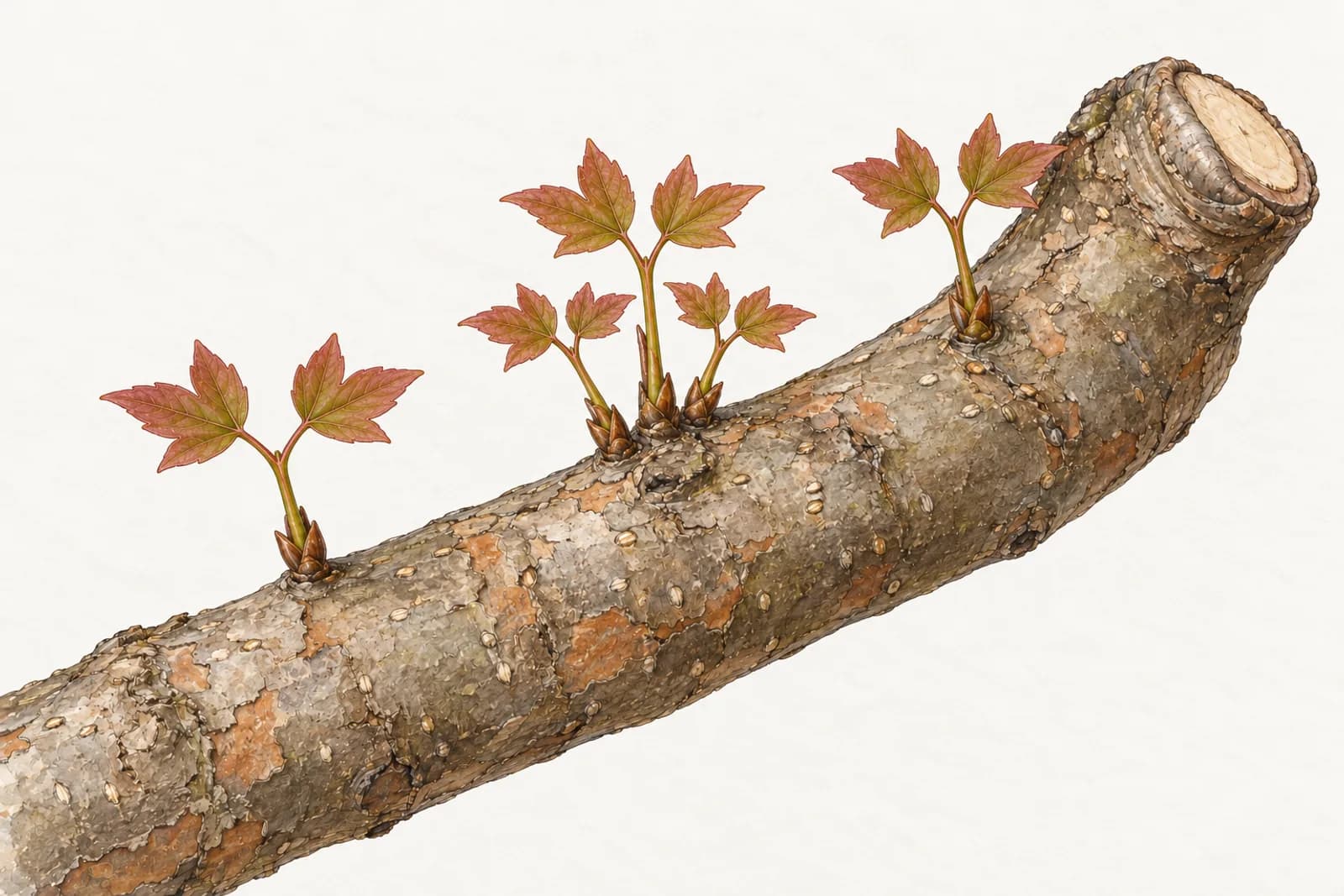 A close botanical illustration of an older trident maple branch with smooth gray-brown bark. Below an old pruning cut that is partly covered by a rounded roll of new bark, several small new shoots with tiny, red-tinged three-lobed leaves grow directly out of the older bark.