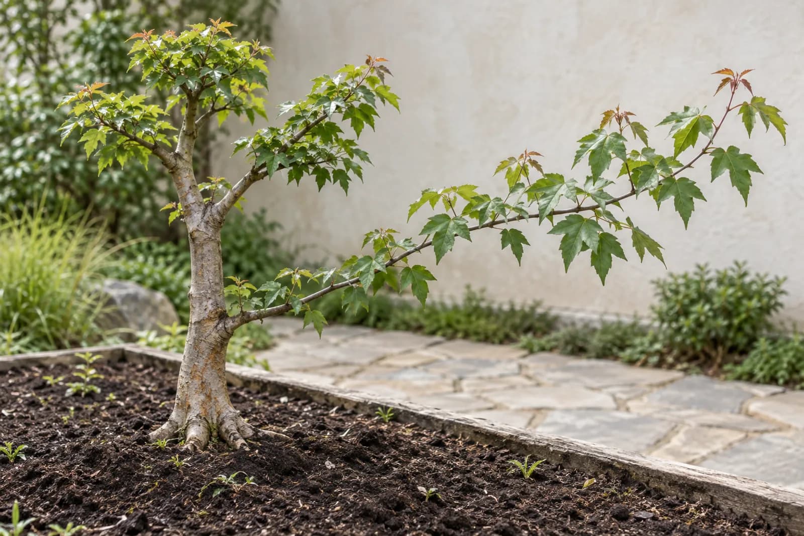 A young trident maple growing in a nursery bed. Its short top and two upper branches carry compact, trimmed clusters of leaves, while one low branch grows long, leafy, and untrimmed, arching far out past the rest of the tree.