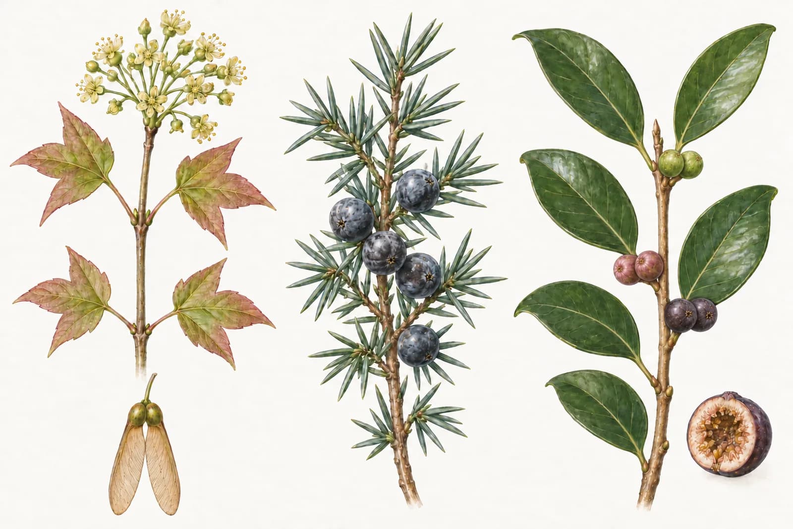 A botanical plate in three parts: a trident maple shoot with a cluster of small yellow-green flowers among young leaves, with a pair of winged seeds beside it; a juniper sprig with small, round, blue-black seed cones; and a ficus twig with small round figs in its leaf axils, one cut open to show tiny flowers lining the inside.