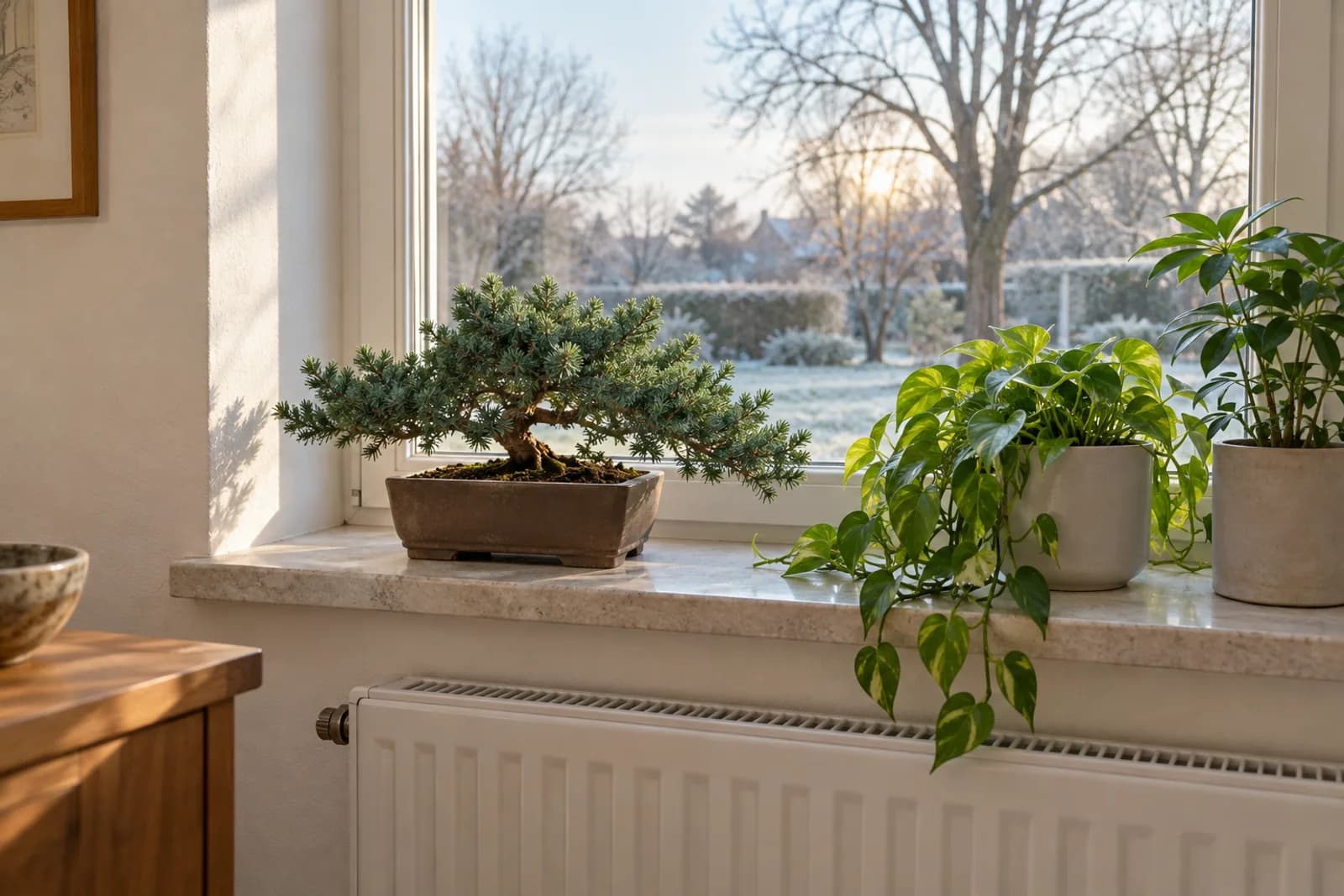 A small juniper bonsai in a shallow brown pot on a pale stone windowsill indoors, beside two leafy houseplants, with a white radiator below the sill and a frosty winter garden outside the window.