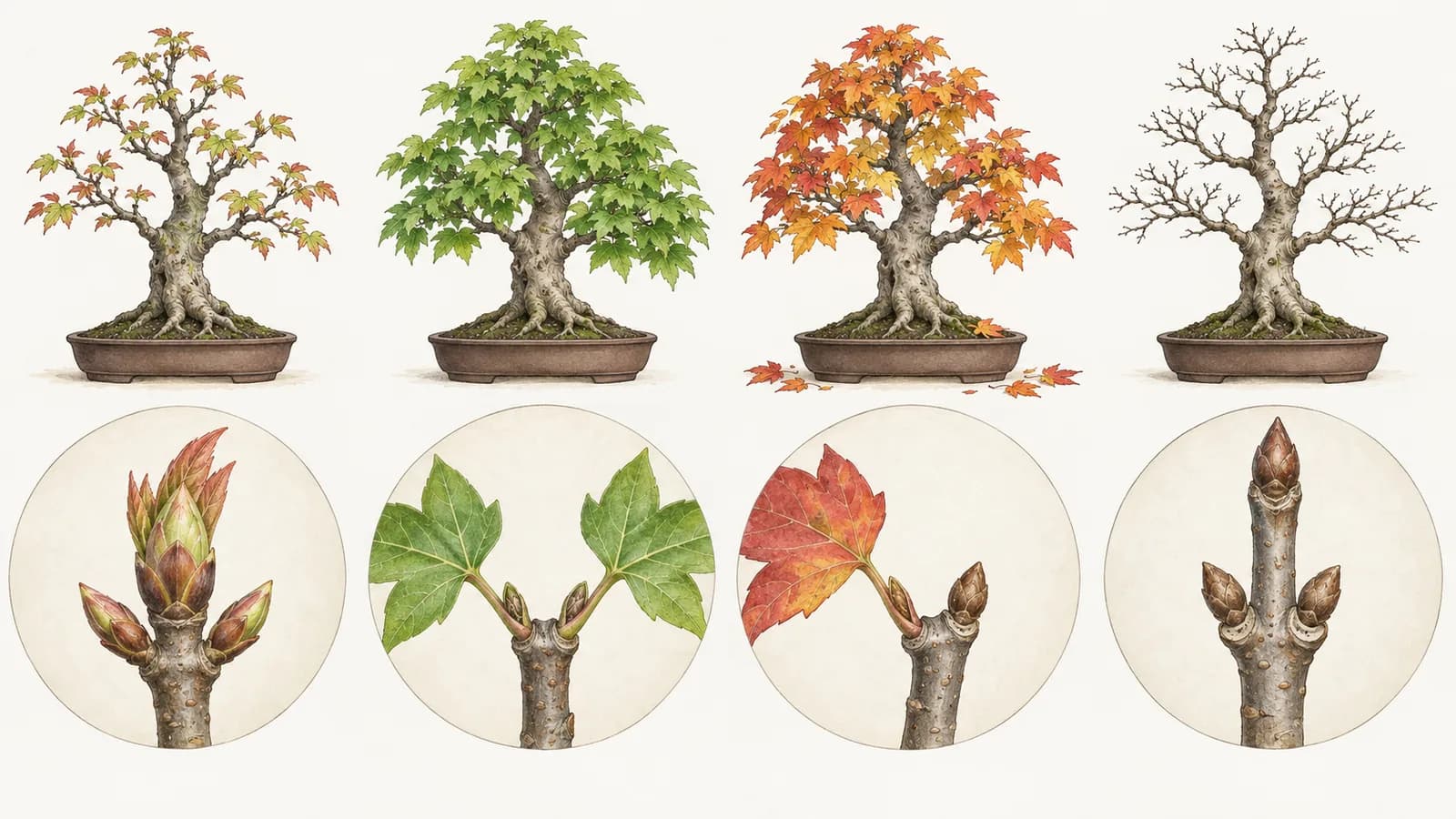 Four botanical illustrations of the same small trident maple bonsai in a row: in spring with red-tinged leaves unfolding, in summer with a full green canopy, in autumn with orange and red leaves, and in winter bare, showing fine twigs. Below each tree, a large round detail shows a twig tip at that stage, with its buds.
