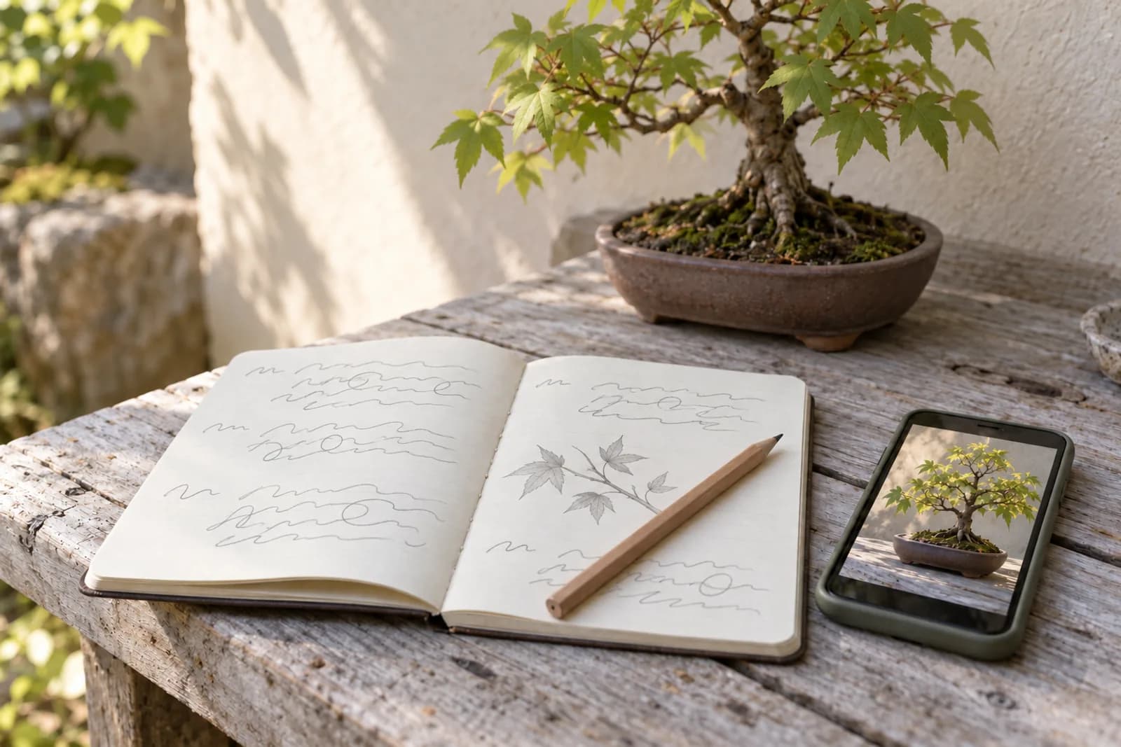 An open notebook with short handwritten entries and a small pencil sketch of a branch lies on a wooden bench beside a phone showing a photo of a small tree. Behind them, softly out of focus, a small trident maple bonsai stands on the bench in a shallow pot.