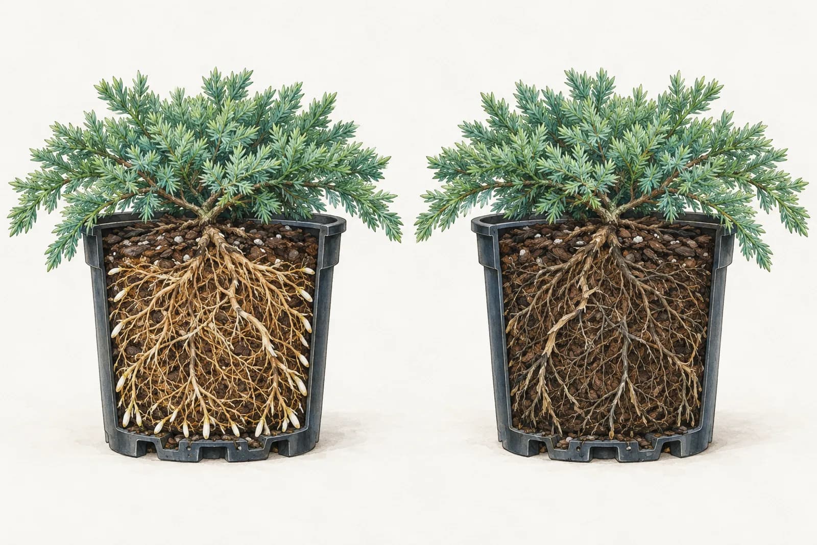 An illustration of two young junipers in identical nursery pots, each pot cut away to show the roots. Above the soil the two trees are equally green and dense. The roots on the left are firm and tan with many white tips; the roots on the right are dark, shriveled, and dead.