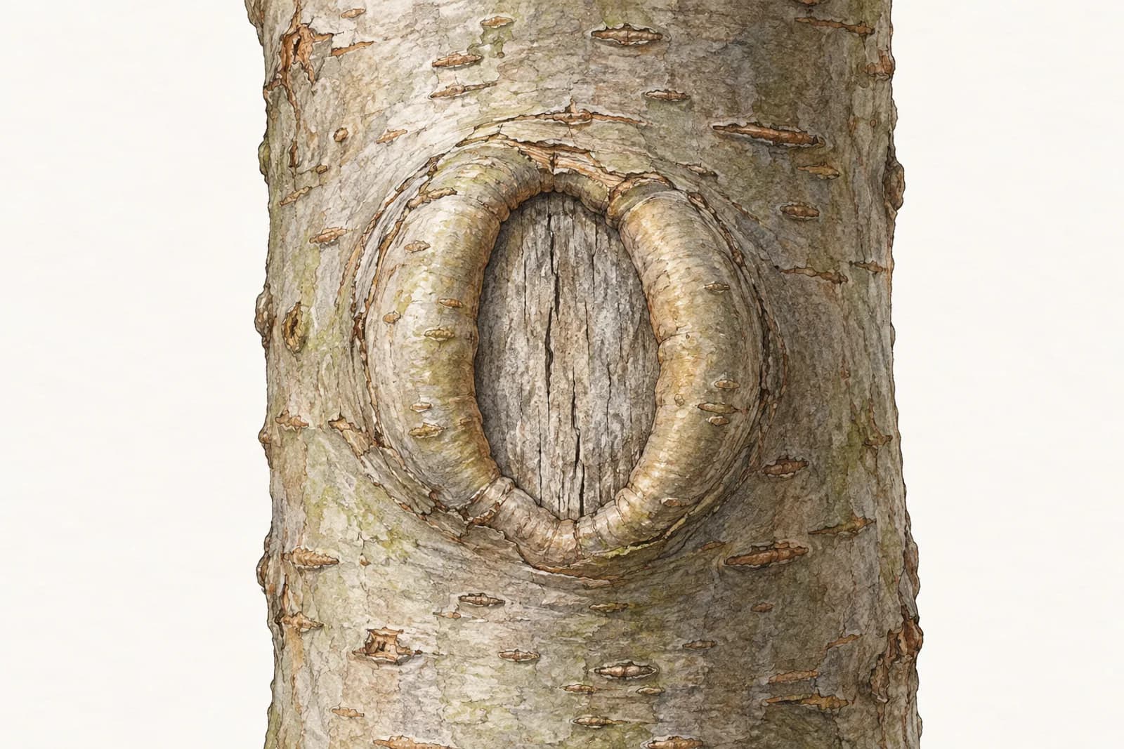 Illustration of a bonsai trunk with an old pruning cut: a smooth, rounded roll of new wood and bark has grown in from the edges, thickest at the sides, leaving a narrow oval of gray, exposed wood in the center.