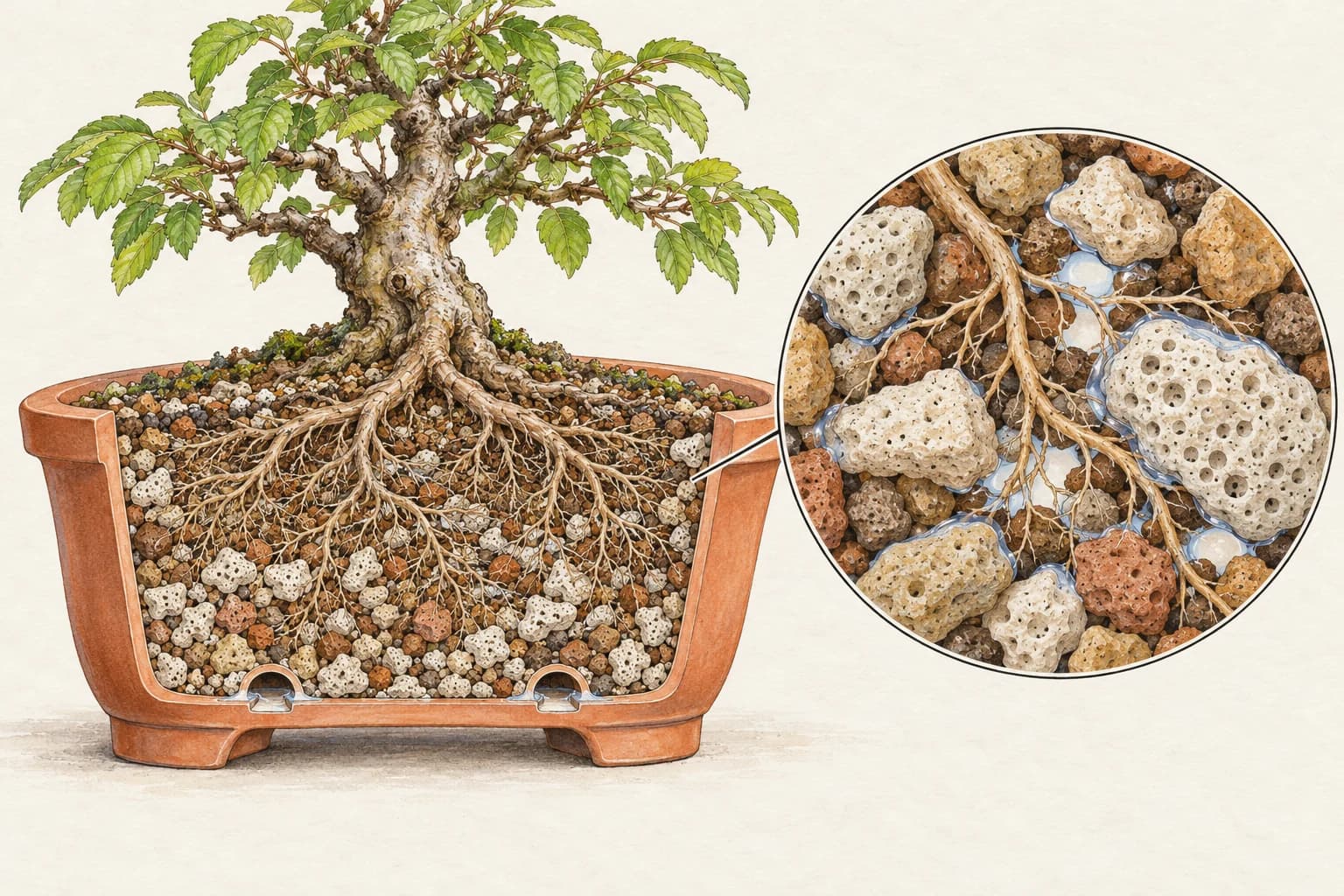 Ink-and-watercolor illustration of a bonsai pot cutaway and a magnified detail of roots among grains, blue water films, and open pore spaces.