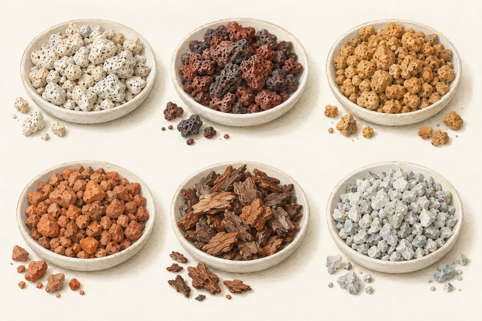Six illustrated sample dishes: pumice, dark lava, and brown akadama across the top; fired clay, bark pieces, and pale mineral grit below.