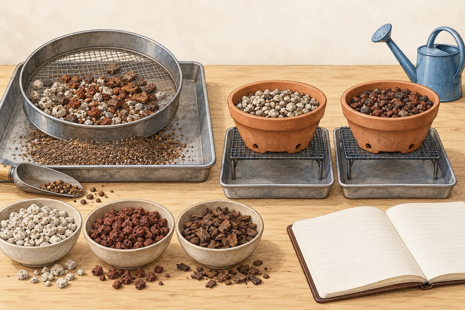 Illustrated preparation bench with a sieve above a tray of fines, ingredient bowls and a scoop, two equal unplanted test pots on racks over catch trays, a notebook, and a watering can.