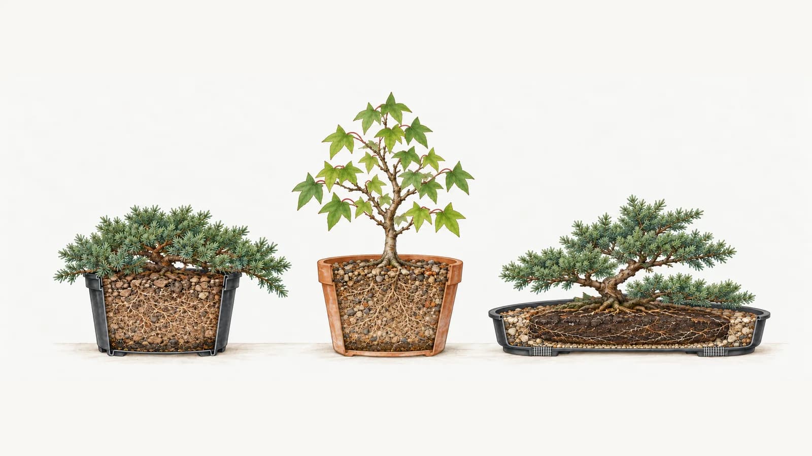 Three pots drawn in cutaway side by side: a juniper in a black nursery pot, its mix pale and dry except for a faint damp band at the bottom; a trident maple in an unglazed terracotta pot, likewise mostly dry; and a juniper in a wider black training pot, where a wide, shallow, dark central root ball is still moist in its lower part while a narrow ring of coarser, paler mix around it has dried nearly to the bottom.