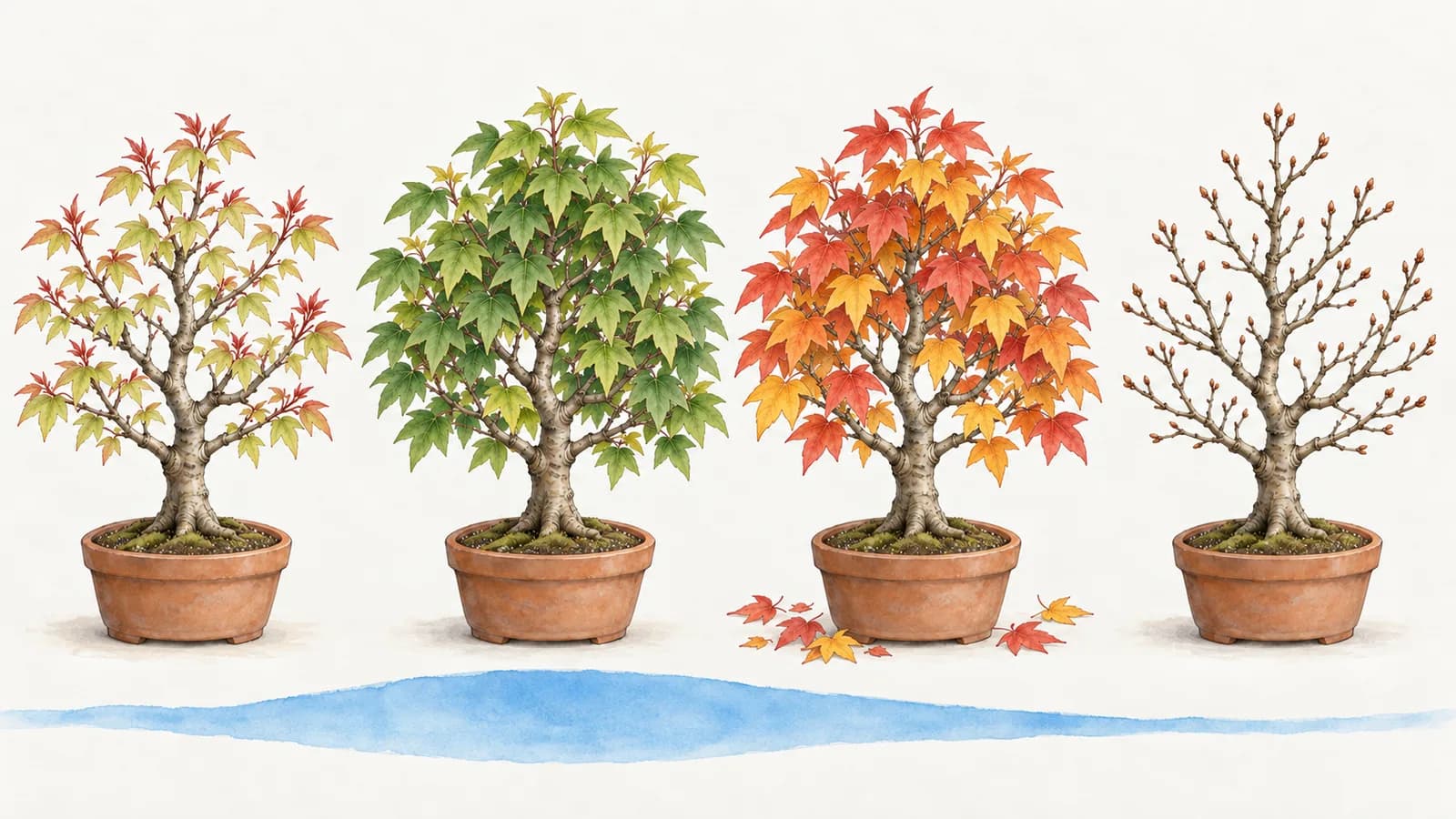 Four small illustrations of the same trident maple in a terracotta pot, in a row: in spring with pale new leaves unfolding, in summer in a full green canopy, in autumn with orange and red leaves, and in winter bare. Beneath them runs a single soft blue band that starts narrow, widens under spring, is widest under summer, and narrows again under autumn and winter without disappearing.