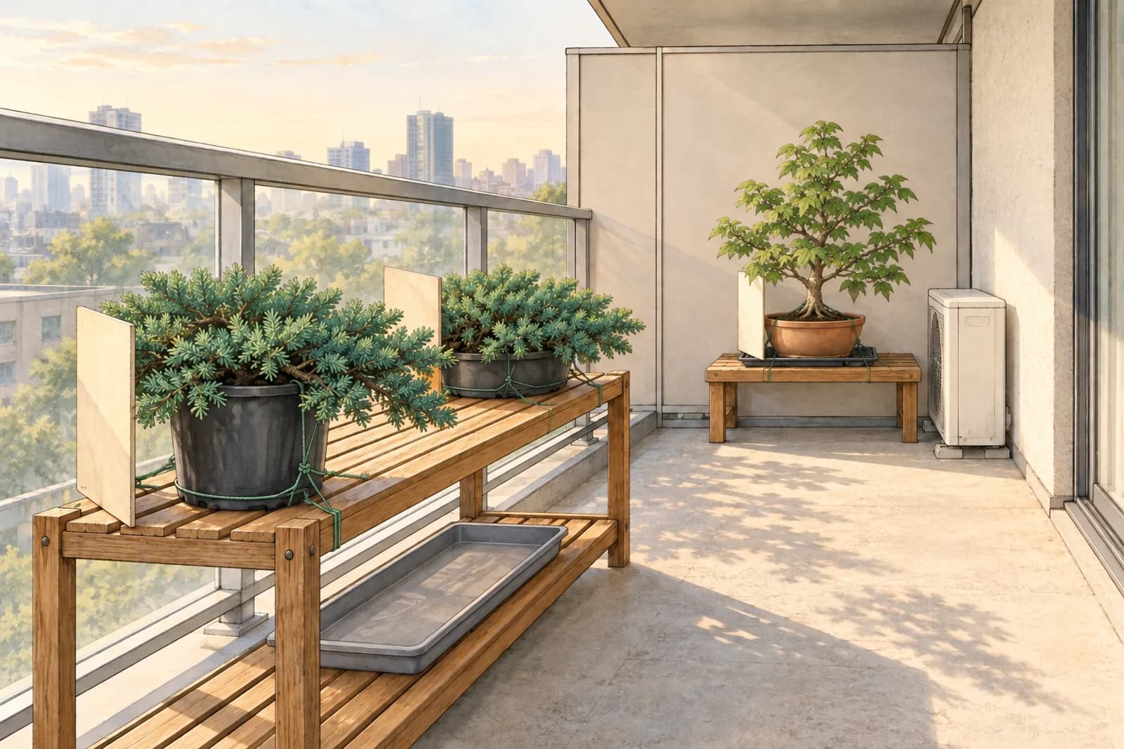 An illustration of a narrow apartment balcony in late-afternoon sun, seen along its length from its open end: on the left, a glass railing and a slatted wooden shelf just inside it holding two low, spreading junipers in black plastic pots; on the right, in the shade of the balcony above, a small trident maple in a terracotta pot on a low bench against the wall.