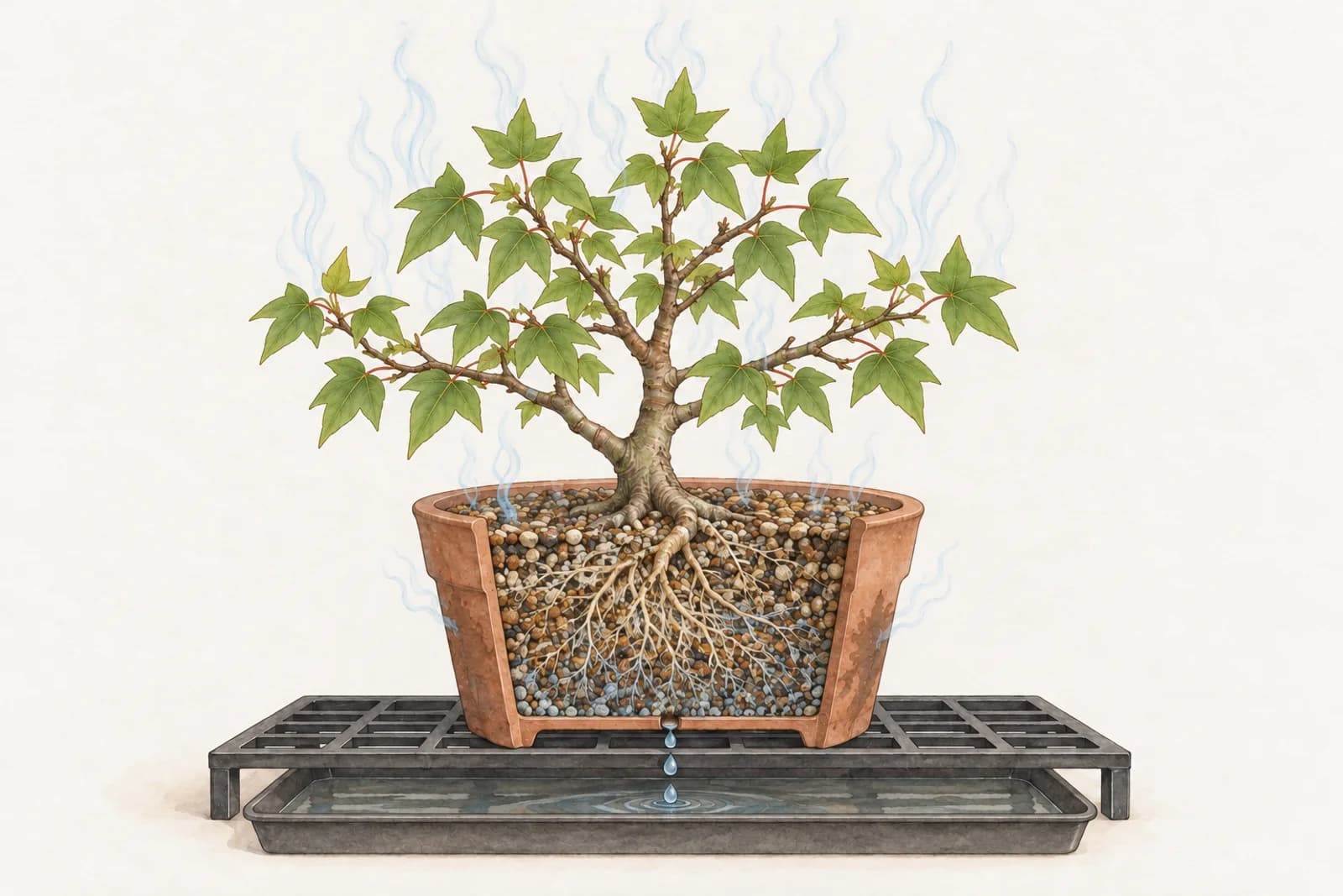 An illustration of a small trident maple in an unglazed terracotta pot, with the front half of the pot cut away to show moist mix and fine roots inside. Many faint, pale blue wisps rise from the leaves, fewer and fainter wisps rise from the surface of the mix and from the outside of the slightly darkened pot wall, and a few drops fall from the drainage hole into a tray.