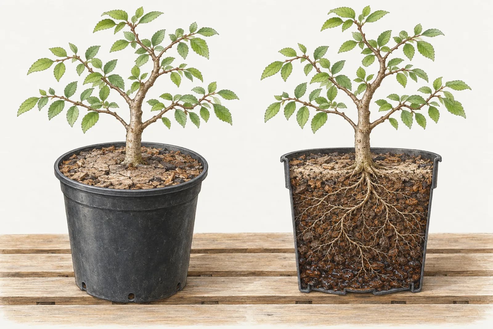 An illustration in two parts. On the left, a young Chinese elm in a black plastic nursery pot, seen from slightly above, its surface pale, dry, and finely cracked. On the right, the same pot cut in half: a thin pale layer at the top, darker, evenly damp mix with small air gaps through most of the depth, and a slightly darker, wetter band at the very bottom, with fine roots throughout.