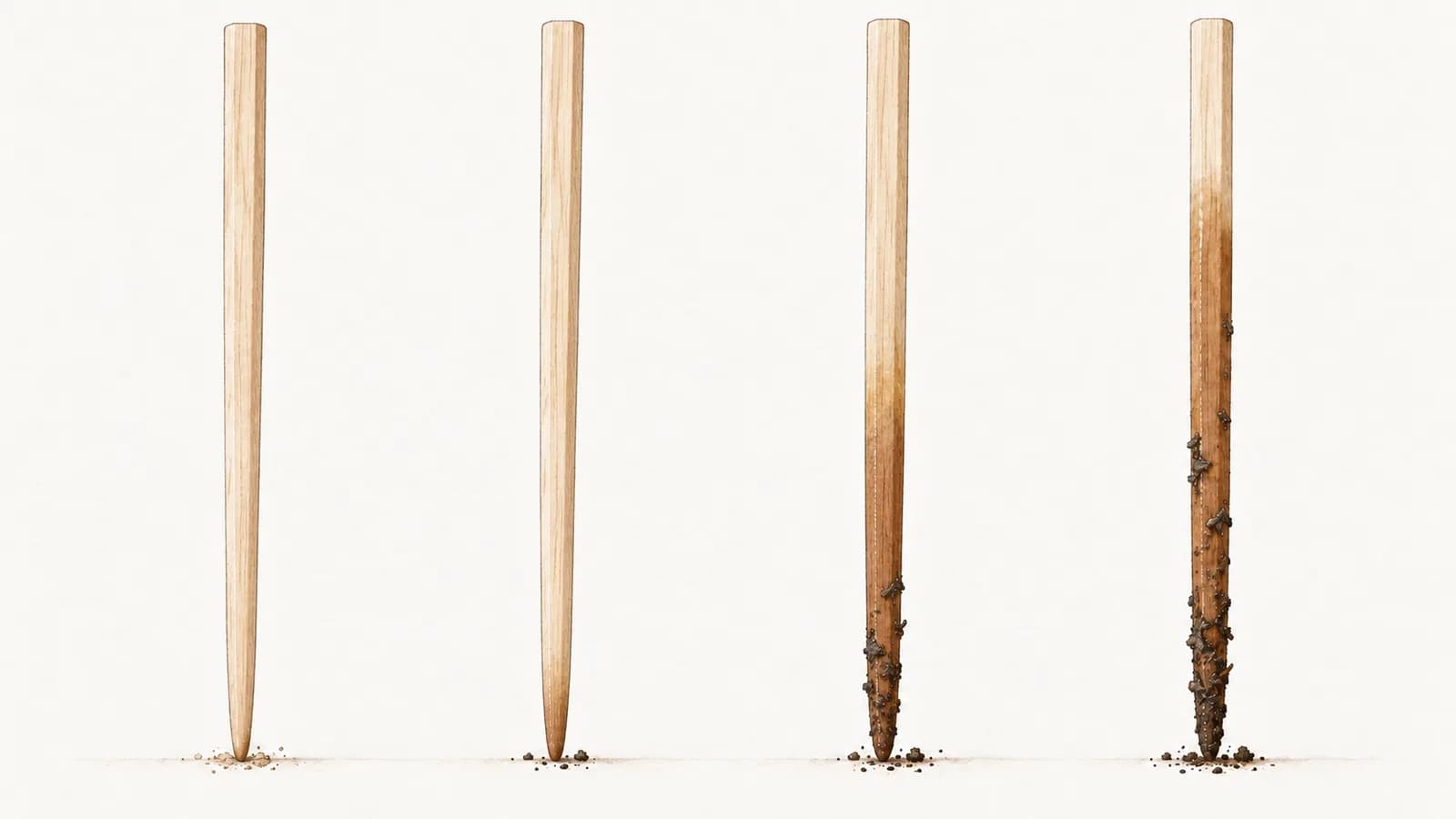 Four plain wooden chopsticks drawn upright side by side, tips down, on a pale background. From left to right: the first is pale and dry along its whole length; the second is pale with only its tip faintly darkened; the third is darker and damp on its lower half, with a few crumbs of dark mix near the tip; the fourth is dark and wet-looking along its whole length below its pale top.