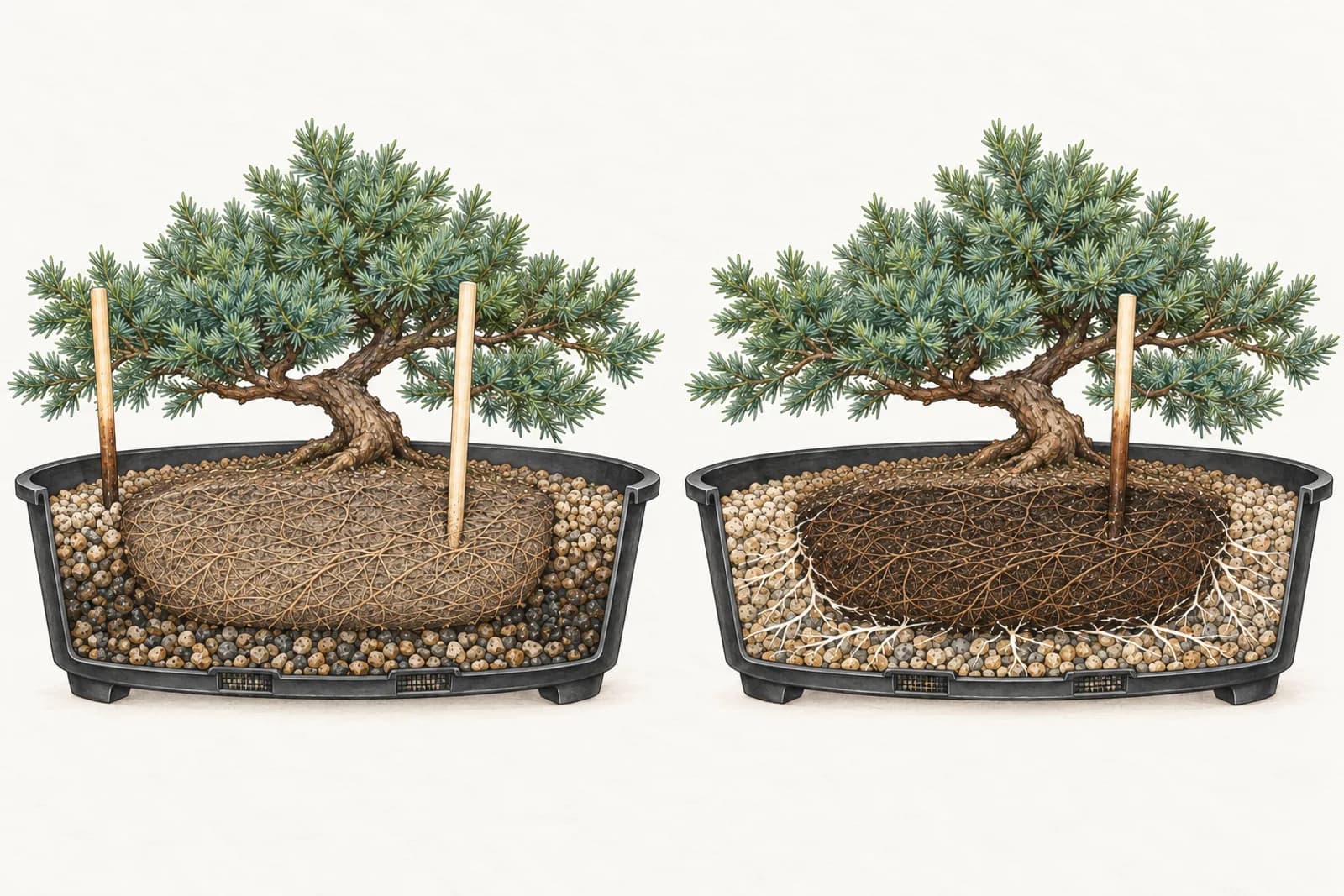 An illustration of the same small juniper in a round black training pot, drawn twice and cut in half. On the left, an oval root ball of fine, peat-rich mix fills most of the pot inside a narrow ring of coarse grit; the root ball is pale and dry, the lower ring darker and damp, and nearly every fine root stays inside the root ball. On the right, fine roots have grown into the ring, which is now pale and dry, while the root ball is darker and damp from partway down.