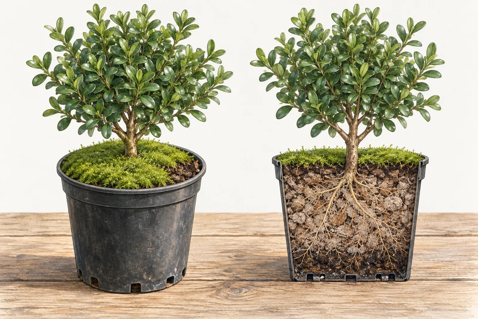 An illustration in two parts. On the left, a young boxwood in a small black plastic nursery pot on a wooden patio bench, most of its surface covered by a low, bright green cushion of moss. On the right, the same pot cut in half: the moss is a thin green layer on top, and below it the mix is pale, dry, and crumbly through most of its depth, with only a faint damp band at the very bottom.