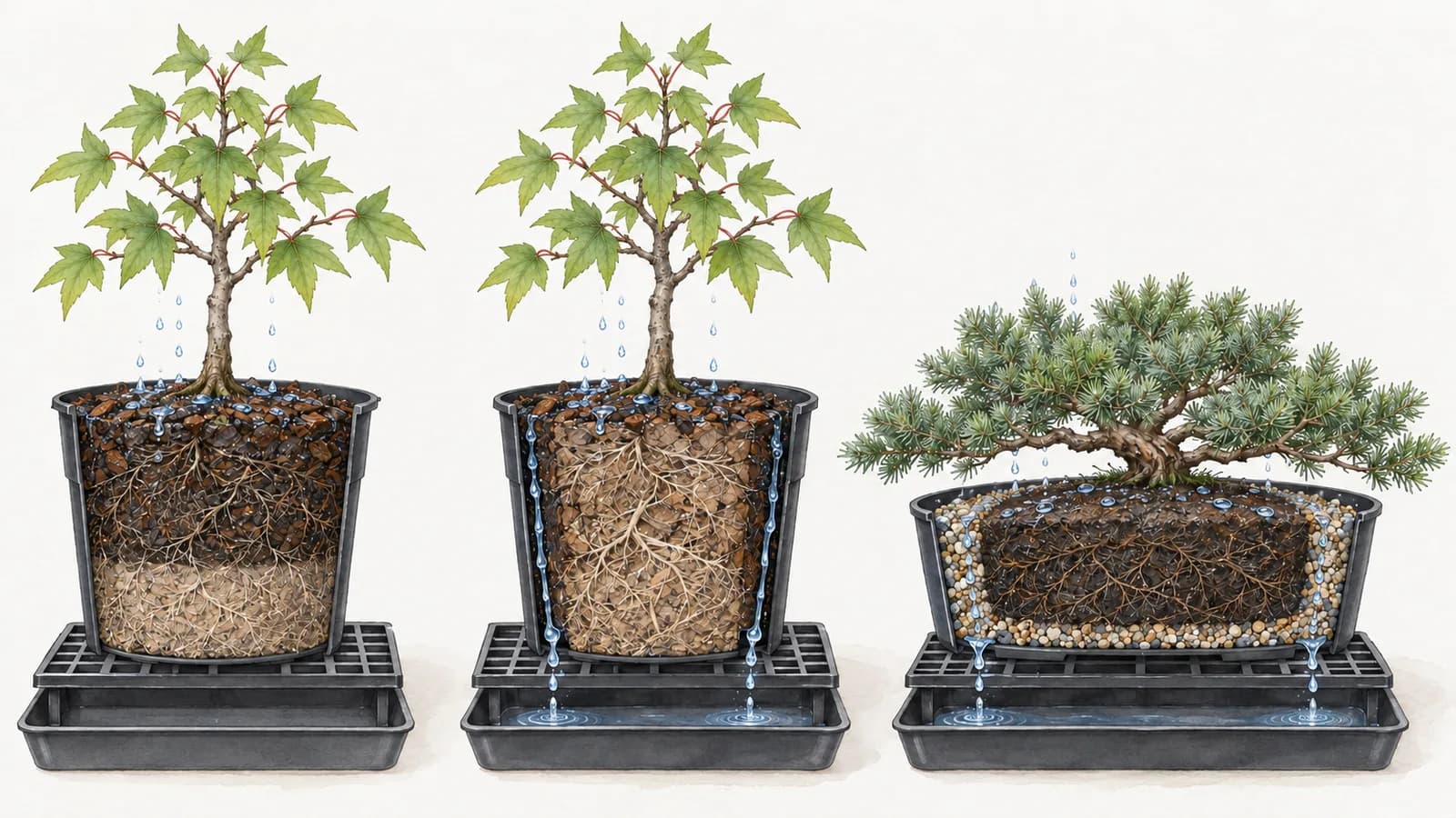 Three pots cut in half in a row, each being watered from above. On the left, water soaks evenly down through a moist nursery mix under a young maple, the wetted part darker above a level edge. In the middle, the same maple's root ball has shrunk from the wall, and water runs down the gap and out of the holes. On the right, a juniper's dark core stays dry while water runs down the paler, coarse ring around it.