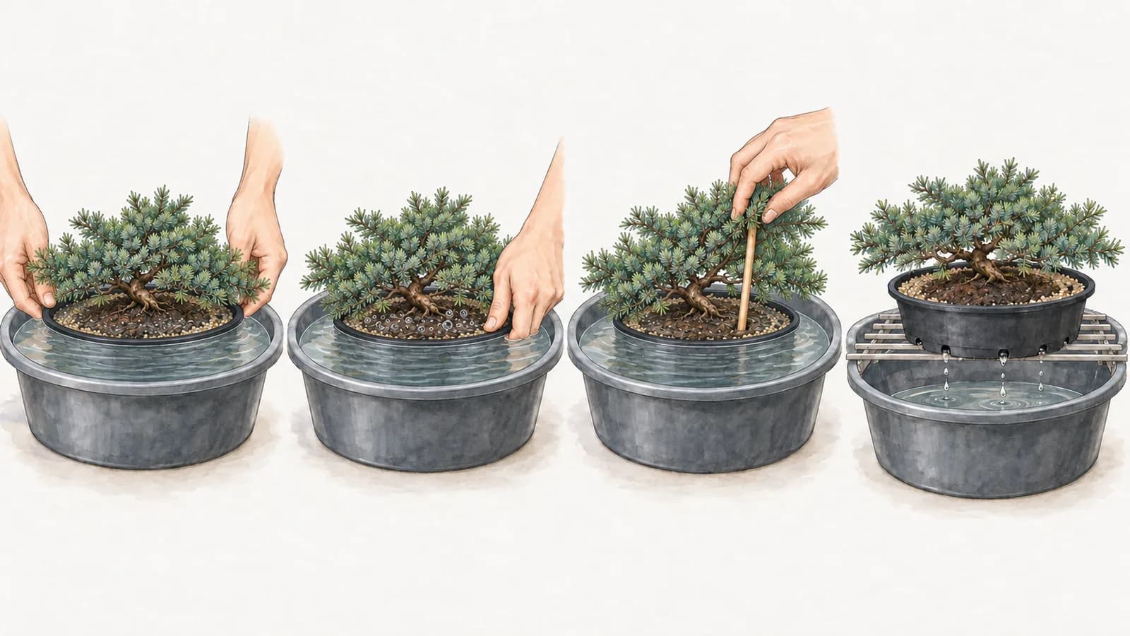 An illustration in four steps of a low juniper in a black plastic training pot. Two hands lower the pot into a wide basin of water that reaches the surface of the mix; a hand presses on the rim as bubbles stream up; with the water still, a wooden chopstick is pushed into the root ball; and the pot stands dripping on a slatted grid laid across the basin.