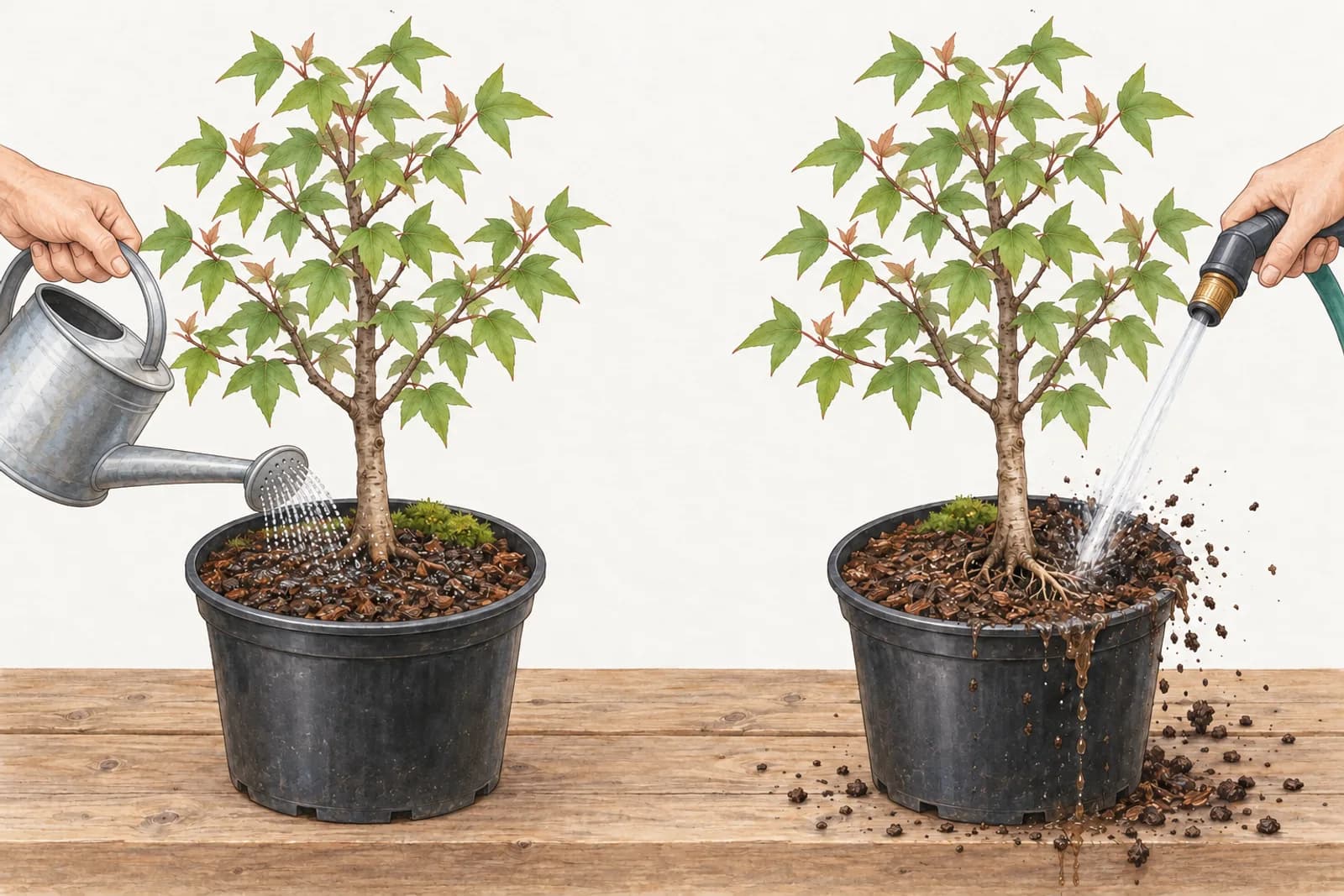 Two drawings of the same small trident maple in a black plastic nursery pot on a wooden bench. On the left, a watering can's fine rose held just above the surface sends down a gentle shower of small drops, and the surface darkens evenly. On the right, a hard jet from a hose nozzle strikes one spot, digging a crater that bares pale roots and throwing mix over the rim.