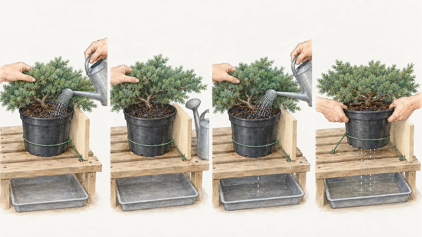 An illustration in four steps of a low juniper in a black plastic pot tied to a slatted shelf. One hand holds the foliage aside while a watering can's fine rose, just above the surface, showers the rim; the surface glistens as the water soaks in; the rose passes over the middle and the base of the trunk; and two hands lift the pot as water drips from its holes into a tray below.