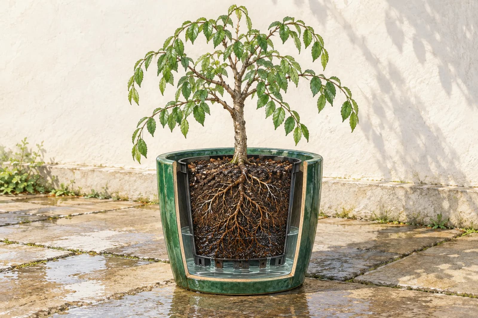 An illustration of a small Chinese elm with limp, drooping green shoots in a black plastic nursery pot standing inside a glossy glazed cover pot on wet paving, both pots cut in half. Water stands in the bottom of the cover pot around the base of the nursery pot, and the lowest part of the root ball is dark and glistening, with browned root tips.
