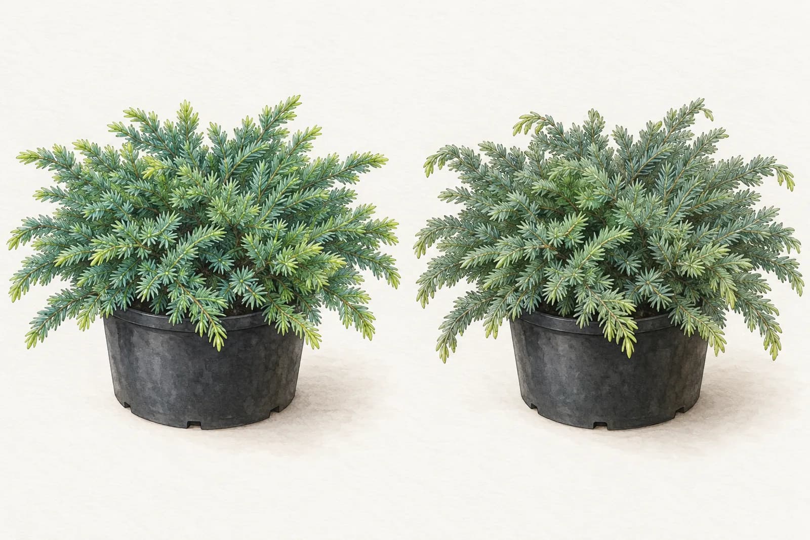 An illustration of two low, spreading junipers of the same size and shape in black plastic nursery pots, side by side. The one on the left has fresh blue-green foliage with a faint sheen and level new shoot tips. The one on the right has the same shape, but its foliage is dull, matte, and grayish, and the soft tips of its new shoots sag slightly.