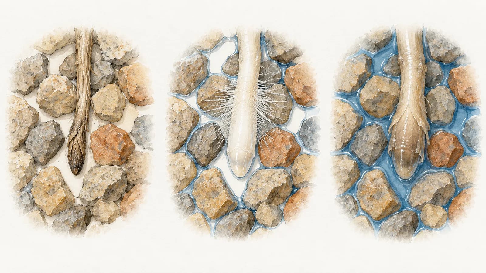 Three magnified drawings of the same fine root tip among substrate particles. On the left, dry pale particles and a shriveled brown tip with collapsed root hairs. In the center, particles coated in thin blue water films with open air gaps between them, and a plump white tip with a band of fine root hairs. On the right, every gap filled with blue water and a soft brown tip with no root hairs.
