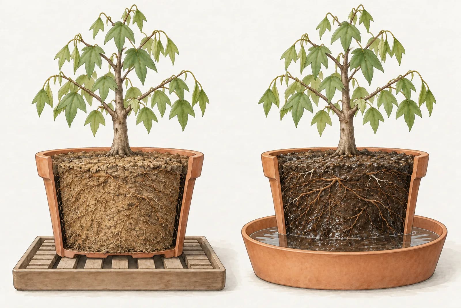 An illustration in two halves, each a small trident maple with limp, drooping green leaves in a terracotta pot cut in half. On the left, the root ball is pale, dry, and slightly shrunk from the pot wall, with shriveled fine roots, over a slatted grid and an empty tray. On the right, the pot stands in a saucer of water, and the root ball is dark and wet, glistening in its lower half, where the root tips are brown.