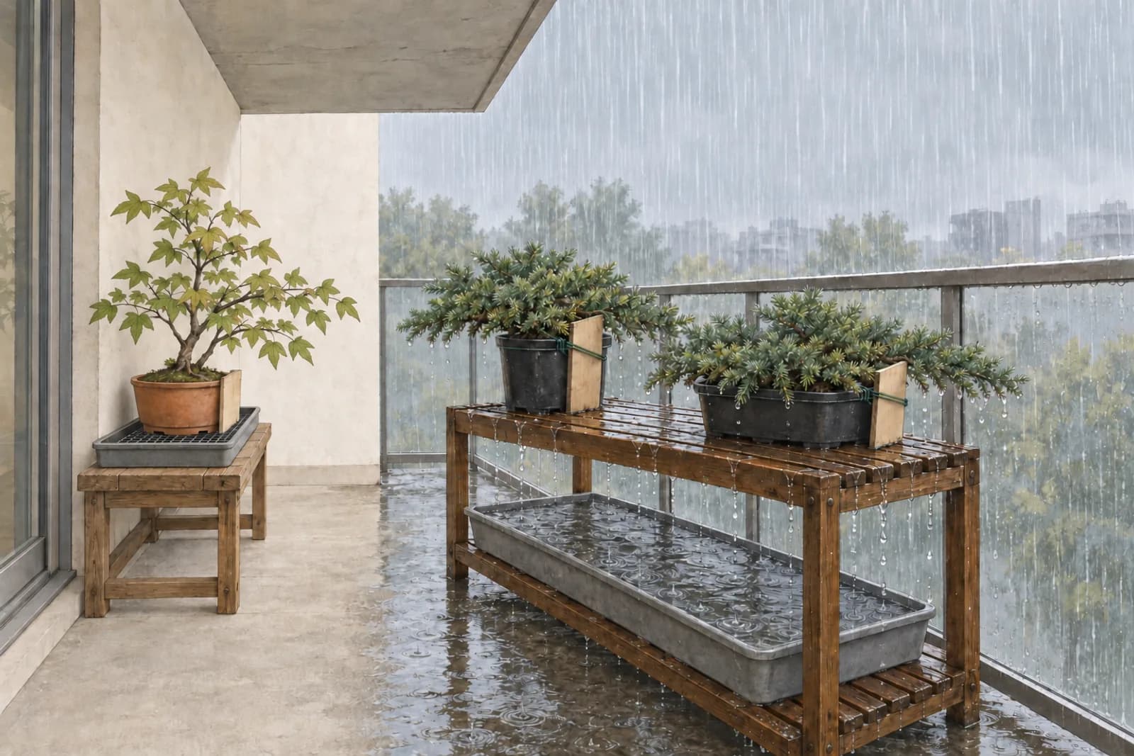 An illustration of a balcony in side section during a heavy, windless rain: vertical rain soaks the front half of the concrete floor, a slatted shelf just inside the glass railing with two low junipers on top, and a brimming tray beneath it, while under the balcony above, a trident maple on a bench against the wall stays dry.