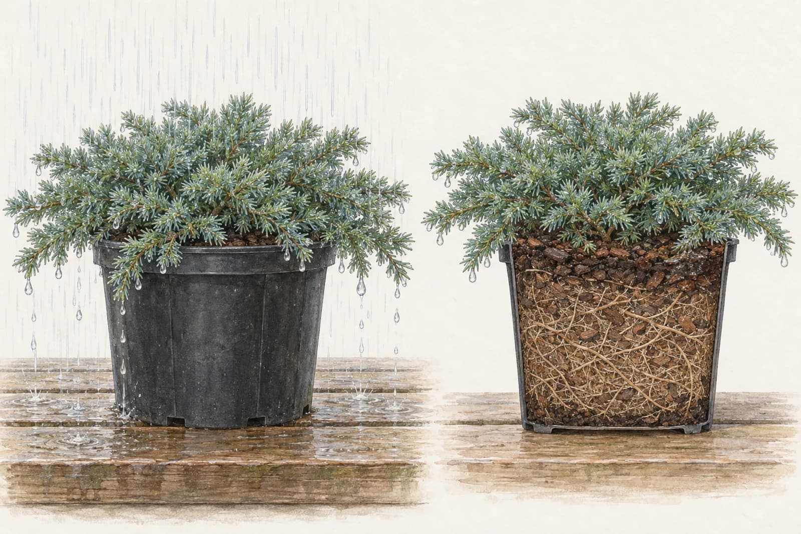A botanical plate in two halves. On the left, a low, spreading juniper in a round black plastic pot in the rain, with drops falling from the outer edge of its foliage past the pot's rim. On the right, the same pot cut in half after the rain, with only a thin dark band of damp mix near the surface and lighter, dry-looking mix below it.