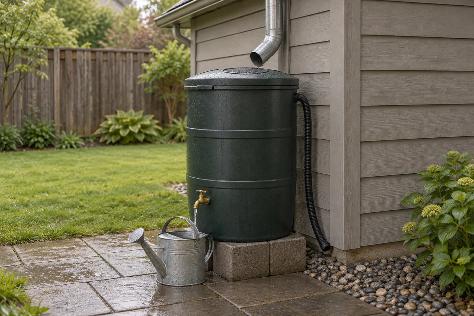 A dark green plastic rain barrel with a closed lid stands on a low platform of concrete blocks beside the corner of a small garage, where a downspout ends over a mesh screen set into the lid. A small tap near the barrel's base trickles into a metal watering can on the paving, with a board fence and a strip of lawn behind.