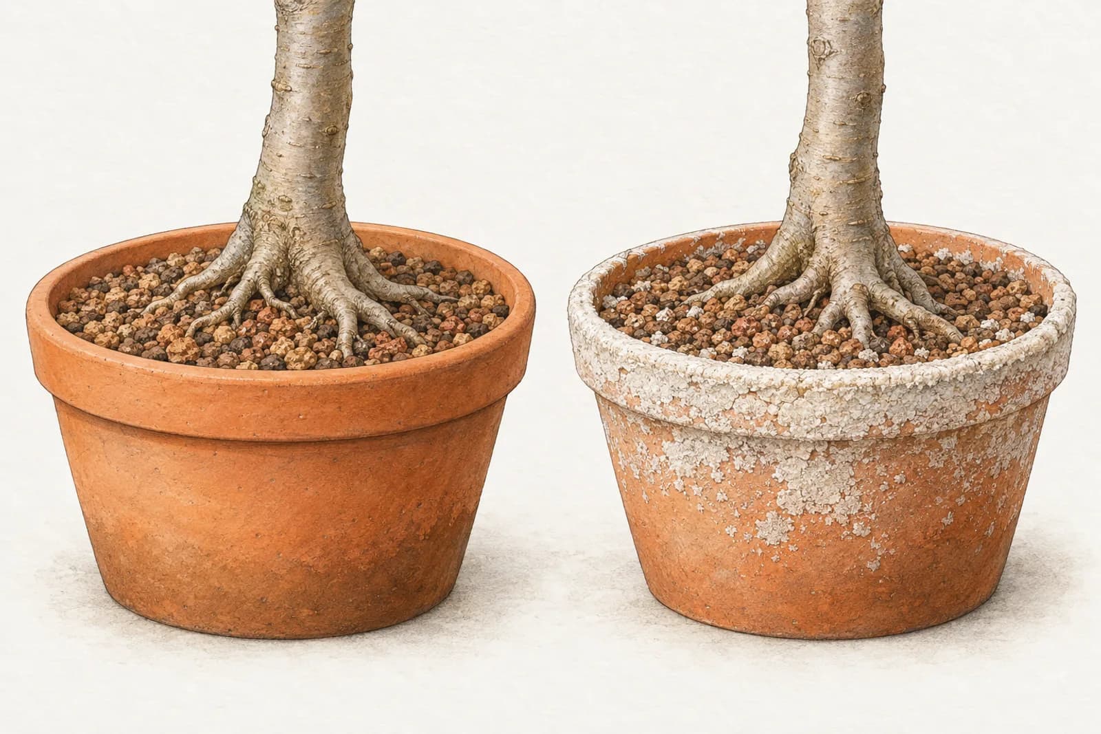 Two unglazed terracotta pots side by side, each holding the base of a young tree's trunk in gritty mix. The left pot's rim and wall are an even warm orange-brown; the right pot has a white, chalky crust along its rim and a patchy white bloom across the upper part of its outer wall, fading toward the base.