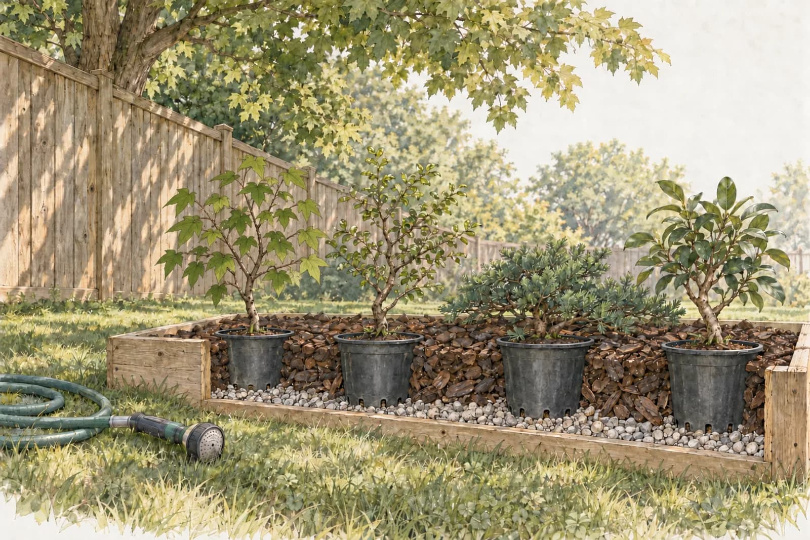 An illustration of a low, board-edged bed of bark on a lawn in the shade of a large tree beyond a wooden fence, with four small potted trees sunk to their rims in it: a maple, an elm, a low juniper, and a ficus. At the front, the bed is cut away to show the black pots buried in moist bark over a layer of gravel, with no standing water.
