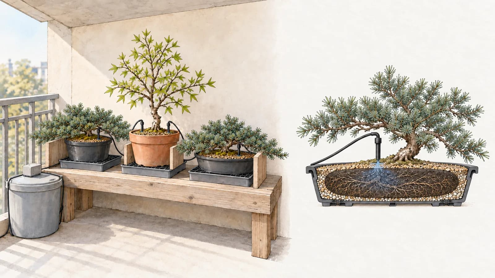 An illustration in two parts. Left: a small maple in a terracotta pot and two low junipers in black pots, grouped on a bench against a balcony's back wall, each on a grid over a tray, with thin tubing from a lidded container on the floor to two drip stakes in the maple's pot and one in each juniper's. Right: a juniper's pot cut in half, a drip stake over its dark oval root ball inside a ring of paler, coarse mix.
