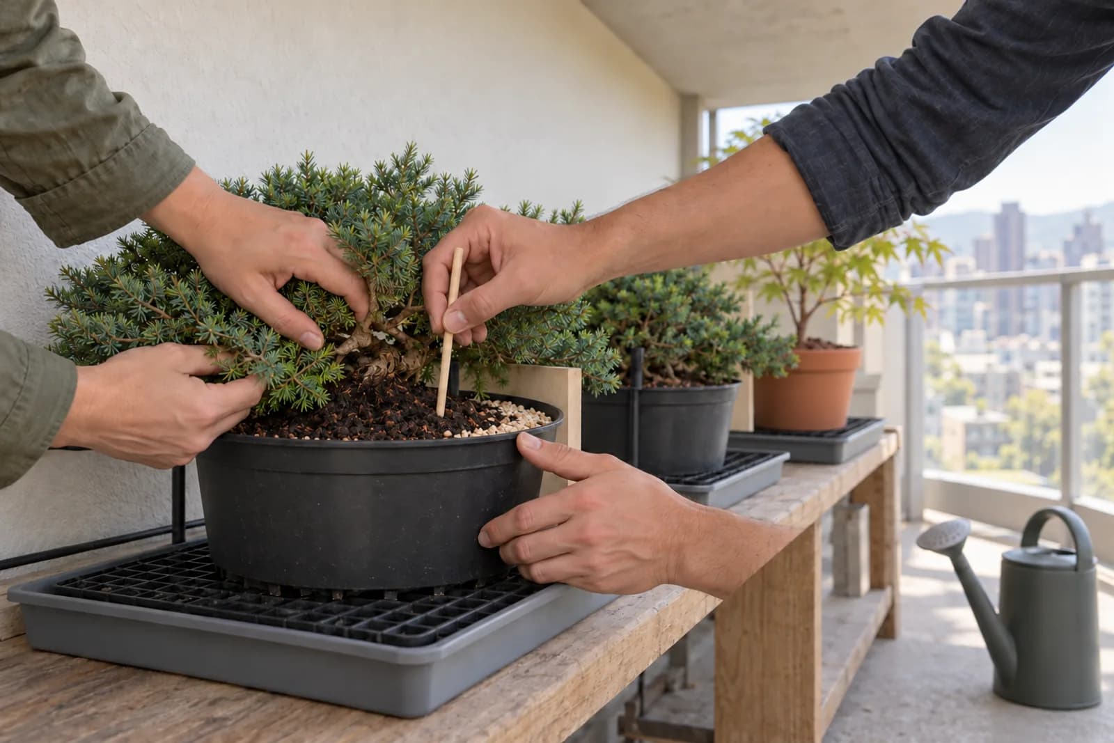Two people's hands at a low, spreading juniper in a wide black plastic pot on a grid over a tray, on a low bench against the back wall of a balcony: one hand holds the foliage aside at the rim, showing a narrow pale band of coarse mix around darker mix, while the other pushes a plain wooden chopstick into the darker mix partway between the trunk and the rim. A second juniper in a round black pot and a small maple in a terracotta pot stand beside it, and a watering can with a fine rose waits on the floor.