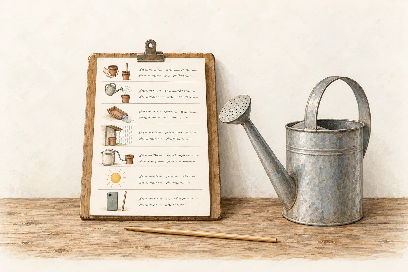 An illustration of a handwritten card clipped to a small wooden board beside a watering can with a fine rose. Each of its seven rows starts with a small drawing: hands lifting a pot beside a chopstick standing in a second pot, a can over a pot, a tray tipped out, a pot under an overhang with rain beyond, a lidded water container with a tube, a sun, and a phone by a chopstick. Illegible handwriting fills each row.