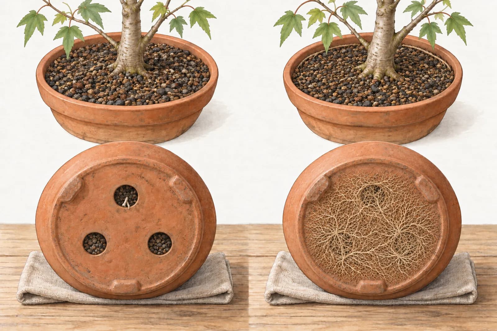 An illustration in two halves, each showing the same unglazed terracotta pot twice, from above and tipped back to show its base. On the left, the surface is clear at the rim and two plump white root tips poke out of one drainage hole. On the right, a few roots run around the inside of the rim just under the surface, and a dense, felted mat of fine tan roots covers the drainage holes and spreads across the base.