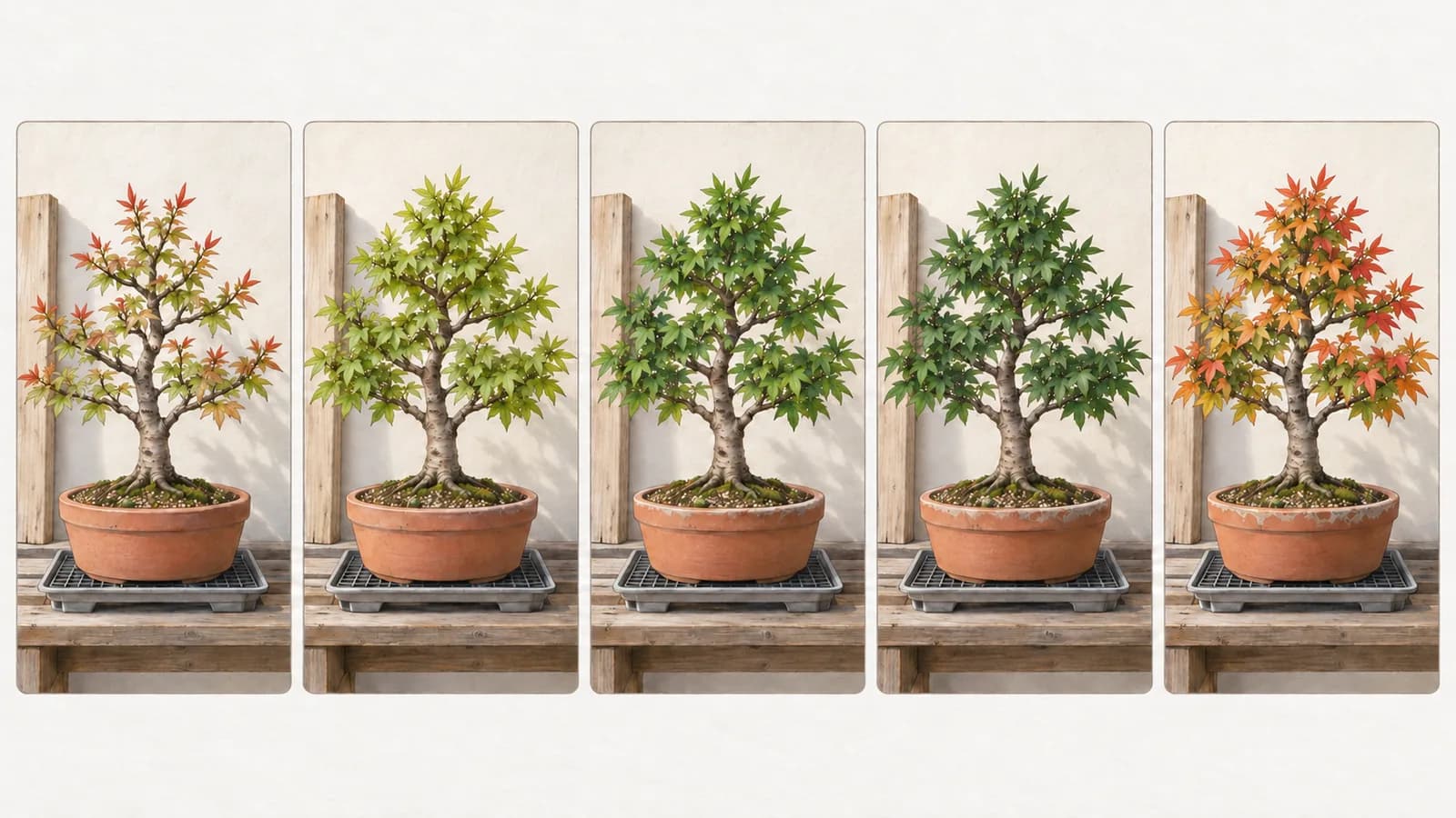 Five small illustrated views of the same young trident maple in an unglazed terracotta pot on a low bench against a pale wall, laid out in a row like photo prints and drawn from the same angle and height: soft new shoots with reddish tips in the first, a full green canopy in the next three, and leaves turning orange and red in the last, with a faint pale crust along the pot's rim that grows a little from frame to frame.