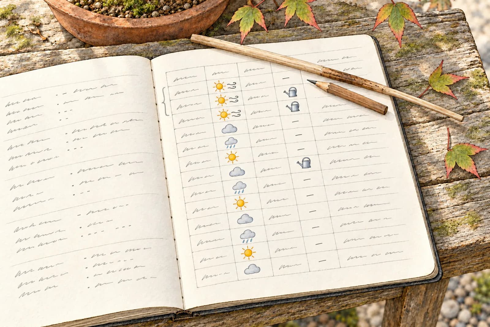 A notebook lies open on a low wooden bench, its page ruled into rows and narrow columns of short handwritten lines, with small ink drawings of sun, cloud, rain, and wind in one column and small watering-can marks on some rows. A plain wooden chopstick and a pencil lie across the top of the page.